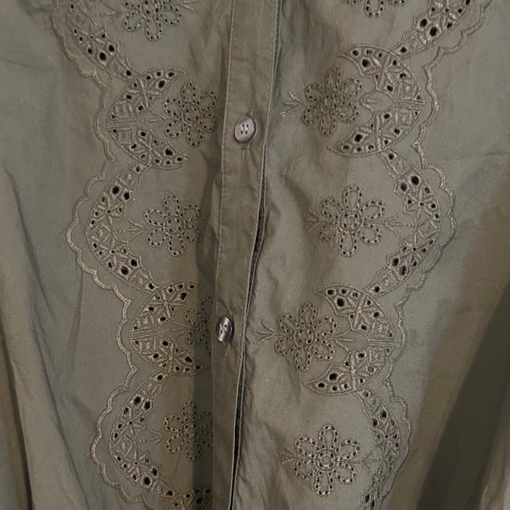 GAP Womens Olive‎ Green Eyelet Lace Puff Sleeve Belted Midi Dress XL TALL - Picture 4 of 13